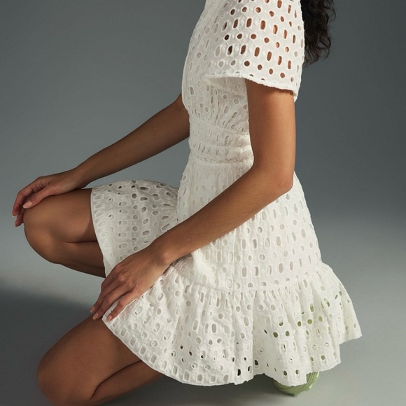 Anthropologie Maeve White Eyelet Puff Sleeve Smocked Waist Mini Dress Size 0 - Picture 3 of 15